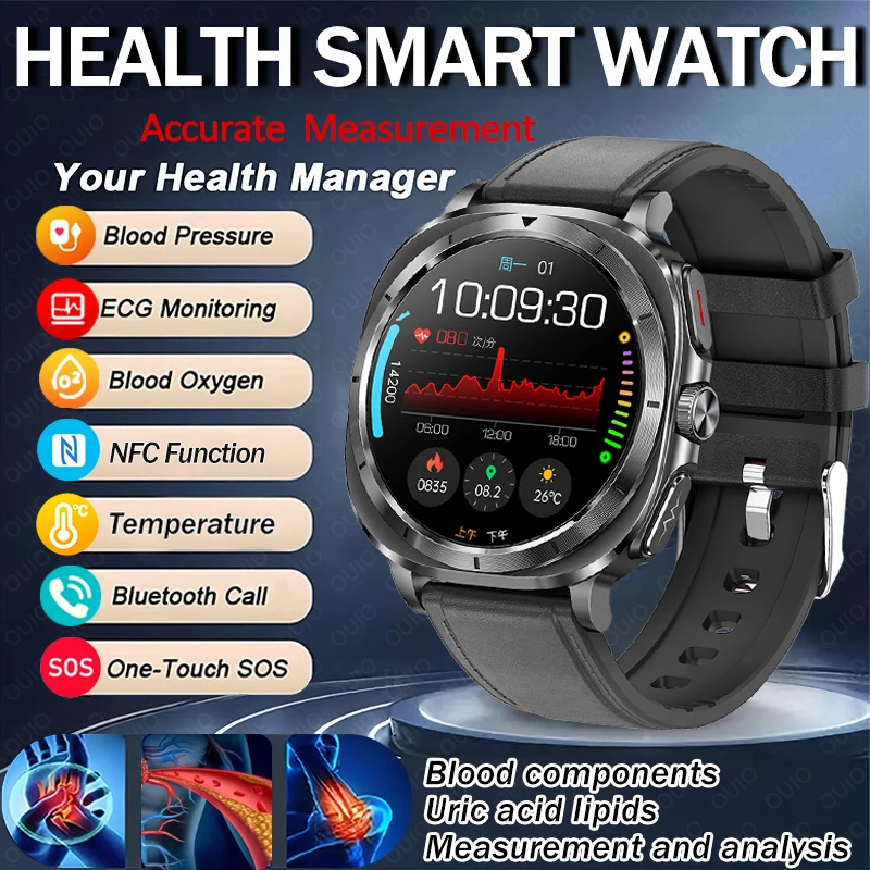 

New Health Care Smart Watch ECG+HRV Uric Acid Blood Lipids Blood Oxygen Temperature NFC Alipay Bluetooth Call Men Smart Watch