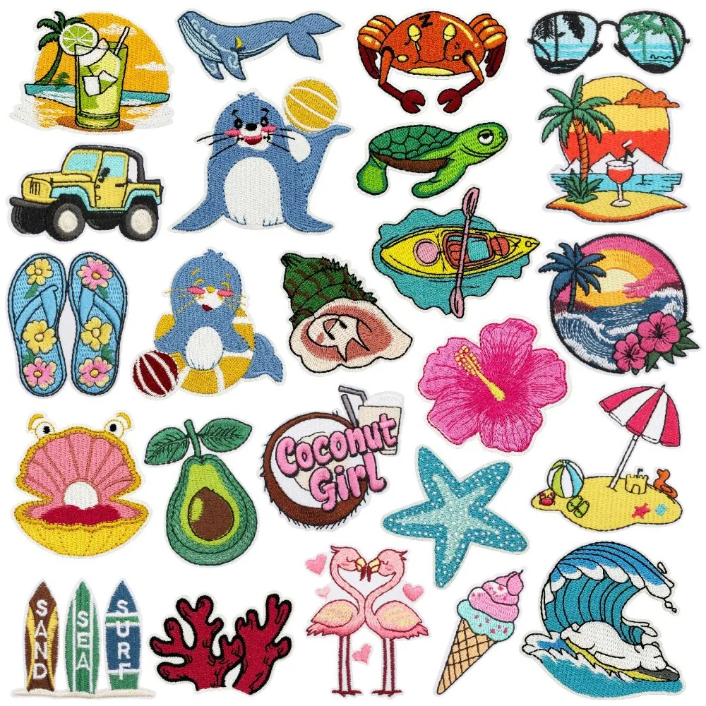 

Summer Beach Flower Shell Boat Surf Sea Iron-on Sew Embroidery Badge Patches DIY T-shirt Hat Backpack Clothing Appliques Sticker