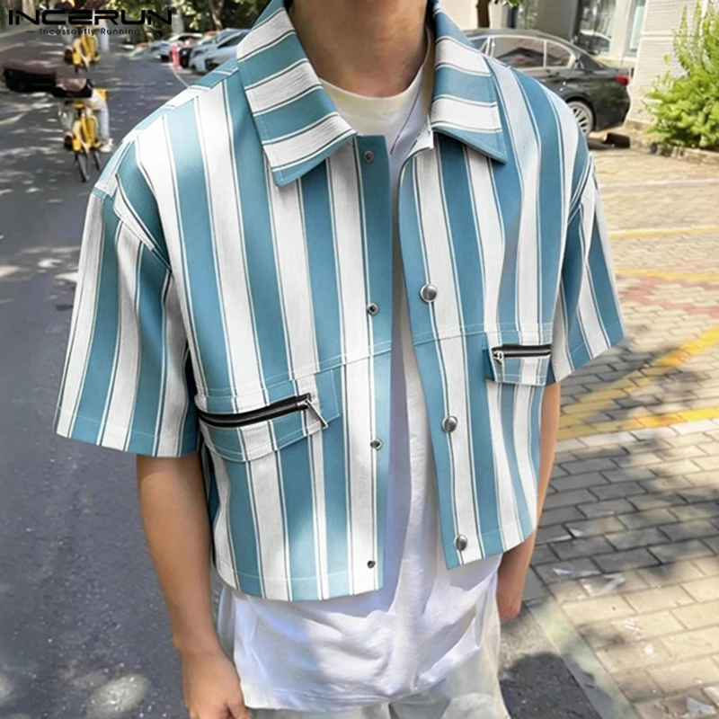 INCERUN Men's Shirt Striped Lapel Short Sleeve Button Casual Menswear Clothing Streetwear Loose 2026 Fashion Crop Tops For Man