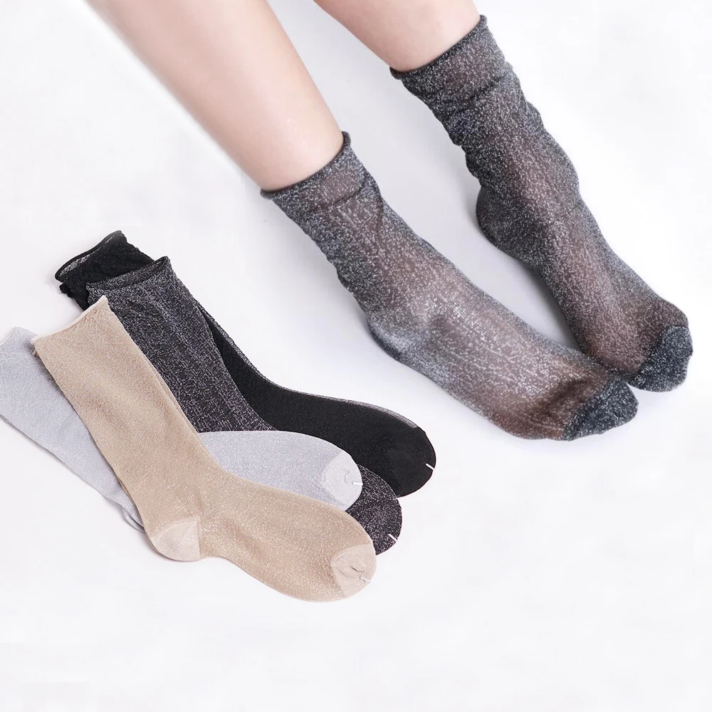 

4 Pairs Women's Fashion sexy shiny Glitters Korean style silver silk socks Luxury design High Quality Women's Mesh Thin socks