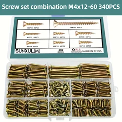 340pcs M4 Flat Head Wood Screw Assortment Kit, Phillips Drive Countersunk Self Tapping Wood Screws