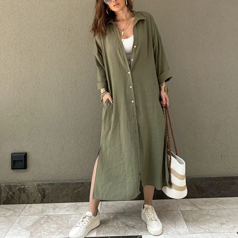 Women's Long Shirt Style One Piece Dress Loose Single Breasted Pocket Women's Clothing Summer Dress