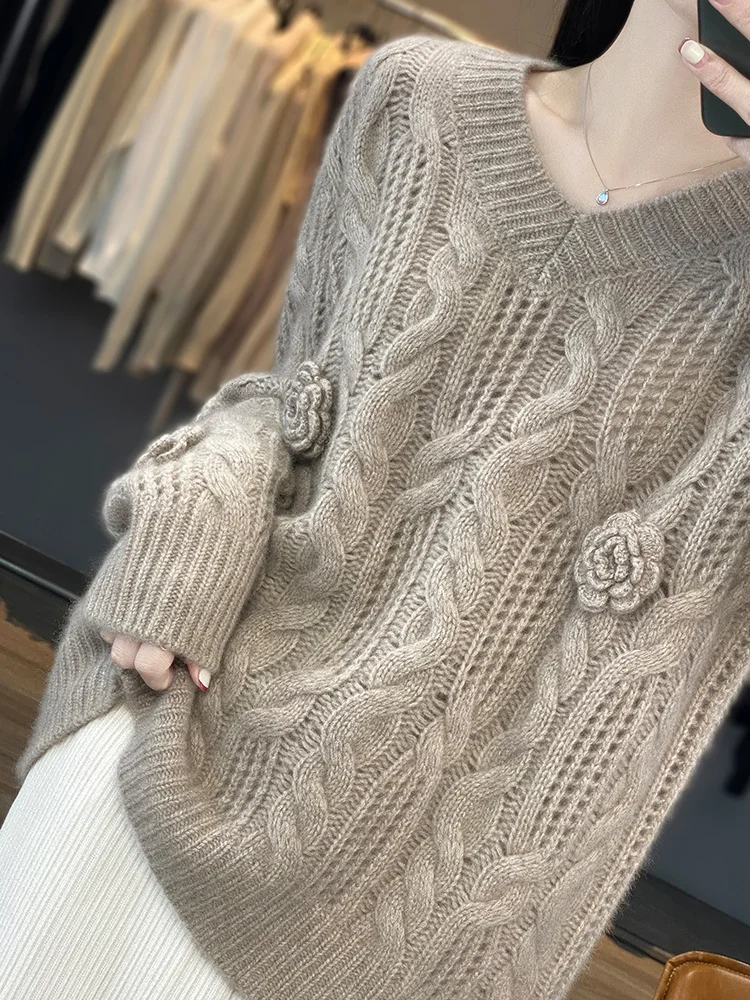 New Arrivals Large Size 100% Merino Wool Hollow Out Women\'s Sweater O-Neck Pullovers Knitted Jumpers Lady Clothes Fashion Trends