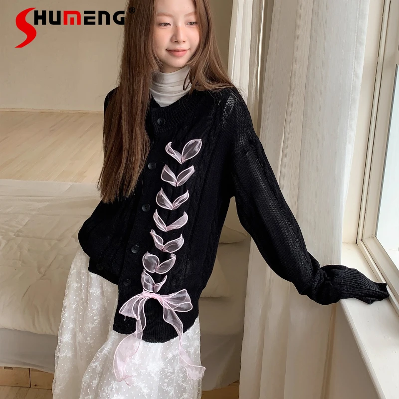 2025年秋新作 レディースセーターコート ファッションリボンボウデザイン ニットカーディガン ラウンドネック カラーマッチング 長袖ニットウェア