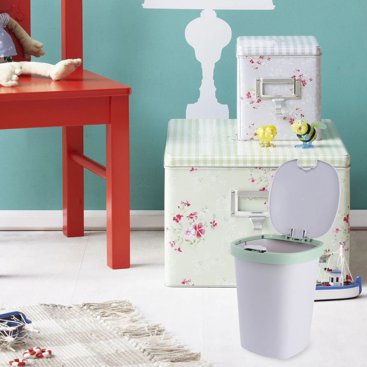 

1Pcs Flip Lid Trash Can Large Capacity Light Green Button Pedal Opening Plastic Garbage Bin for Kitchen Living Room