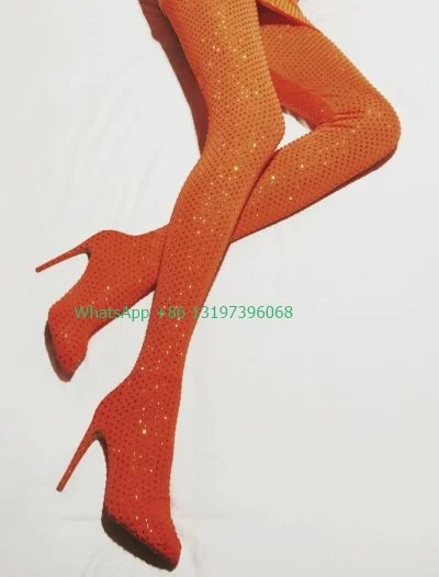 Lady Hot Pink Bling Jumpsuit Design Boots Pointed Toe Heel Rhinestone Design Punk Sexy Boots Stiletto Heel Tight High Heels Size