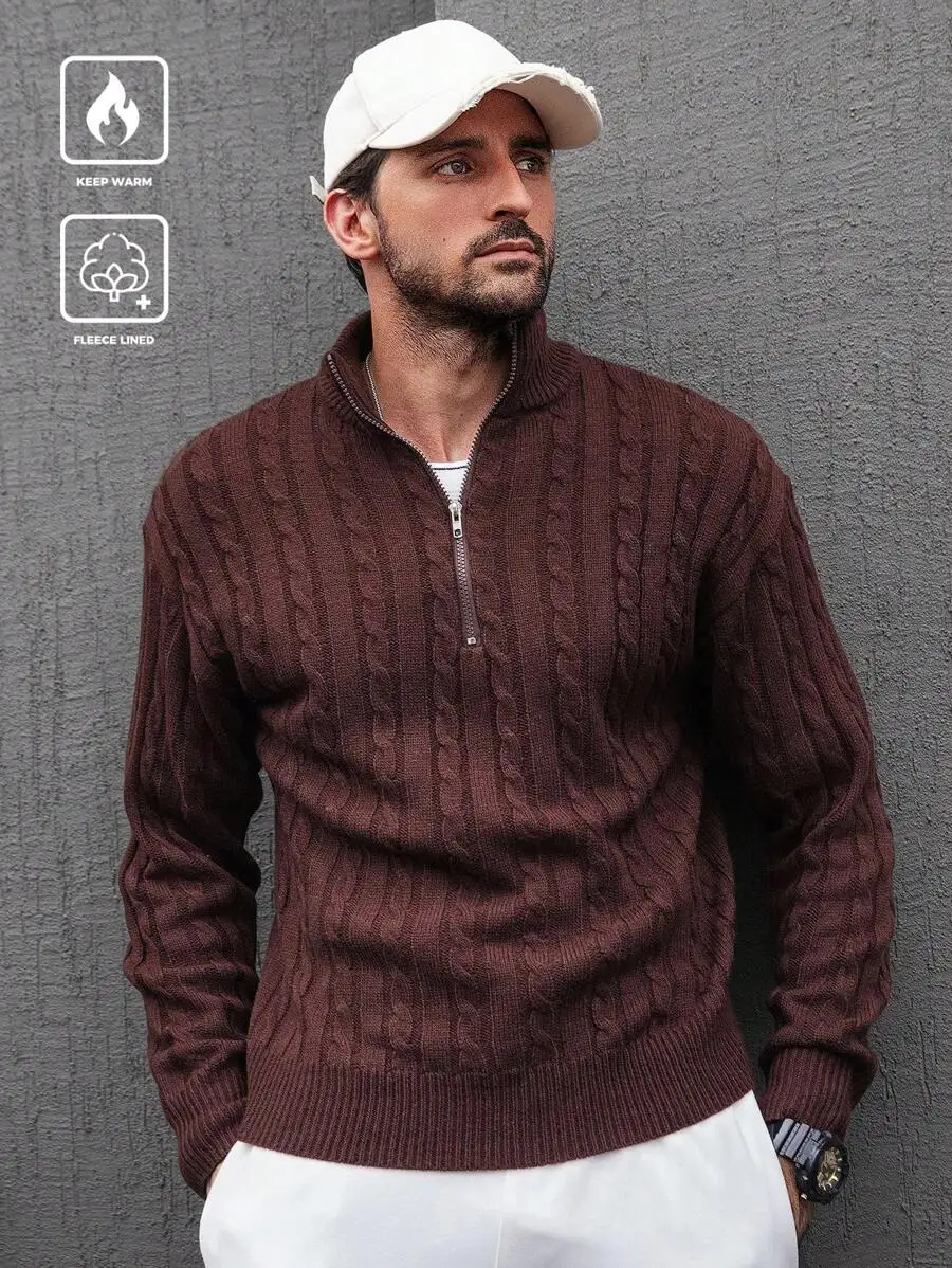 

Men's Burgundy Cable Knit Half-Zip Sweater, Fleece Lined for Fall Winter