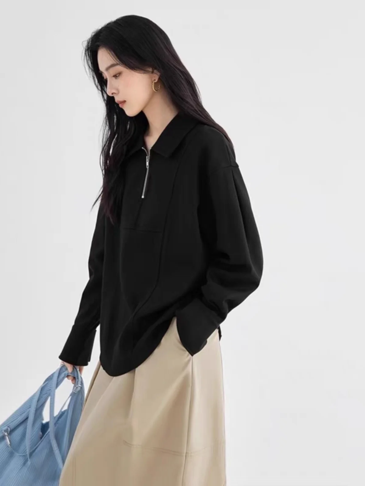 

plus Size Fleece Lined Zipper Collar Sweatshirt Women's Simple Commute American Design Spring Autumn Winter New Arrival