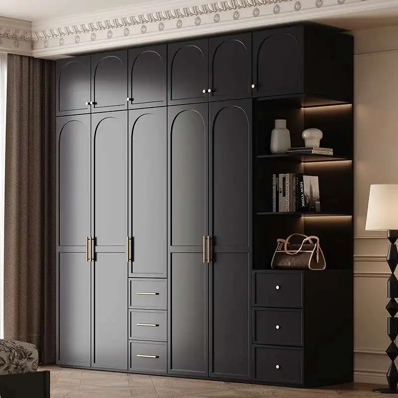 

Luxury Retro Style Black Wardrobes Storage Open Multilayer Cabinet Closets Wardrobes Bedroom Storage Armario Hotel Furniture