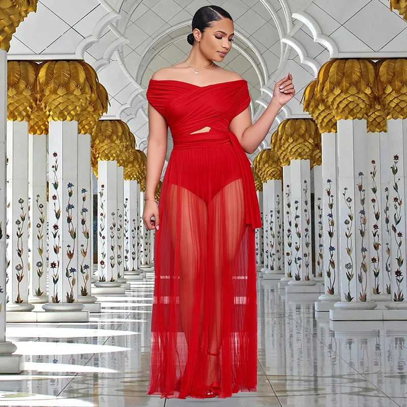 

Sexy Night Club Party Skirt Sets Outfits Women Bandage Top + Briefs + Pleated Mesh See Through Birhtday Maxi Dress Matching Sets