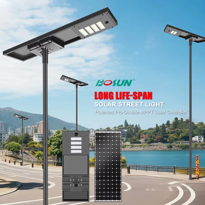 

Bes-selling BOSUN Motion Sensor Aluminum IP65 Waterproof 100w 120w 130w 140w 150w 180w 200w 220w 240w Integrated Solar Street Li