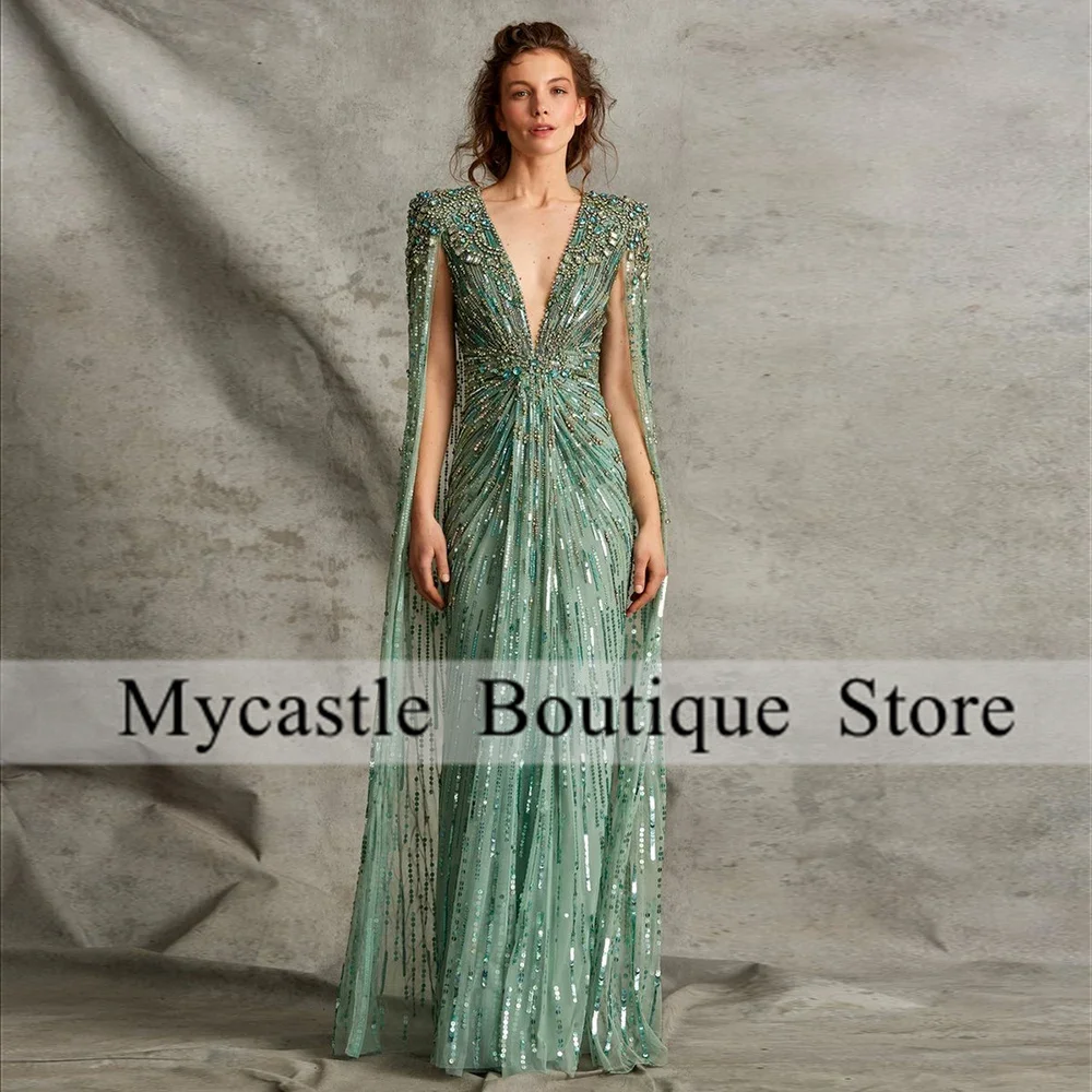 

Luxury Dubai Sage Green Beaded Evening Dresses With Cape Crystal For Women Wedding Party Gowns Formal Prom Dress Customized