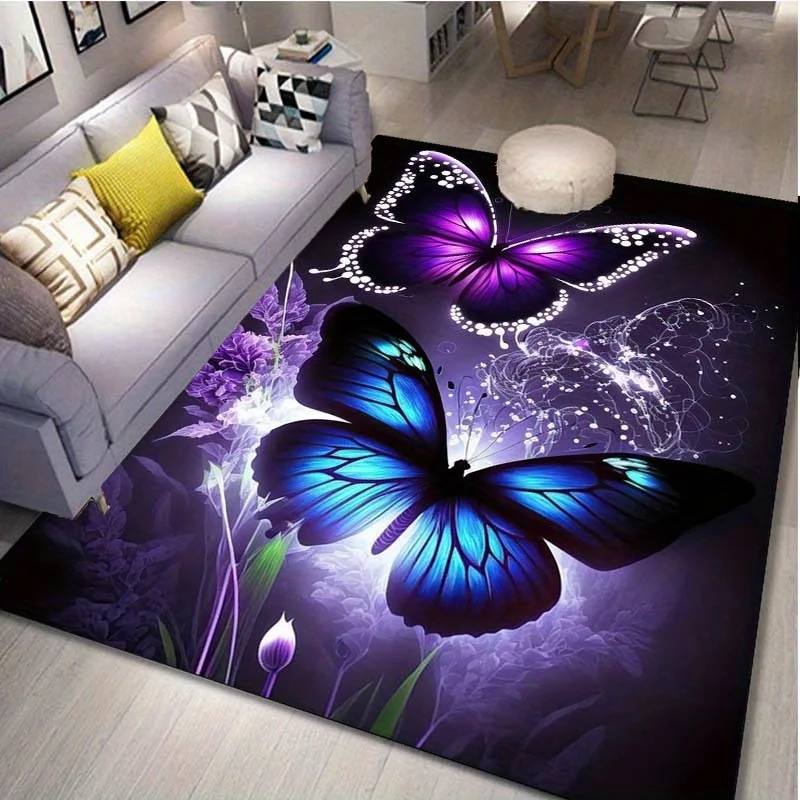 

Яркий ковер с бабочкой и фиолетовым цветком для современных гостиных — уникальный декор пола, 3D-художественный ковер, современный дизайн