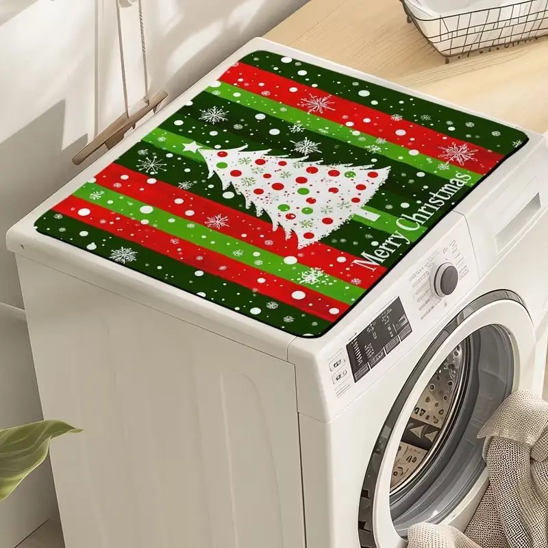 VIKAMA Red Green Stripes White Christmas Tree Snowflakes Washing Machine Top Cover Mat Xmas Dustproof Washer Dryer Protector Pad