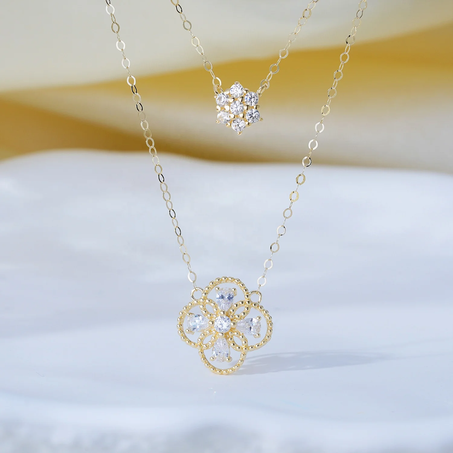 Cherry Blossom Zircon double Necklace collarbone Chain Double Chain 18k Gold full drill lucky flower jewelry pendant necklace