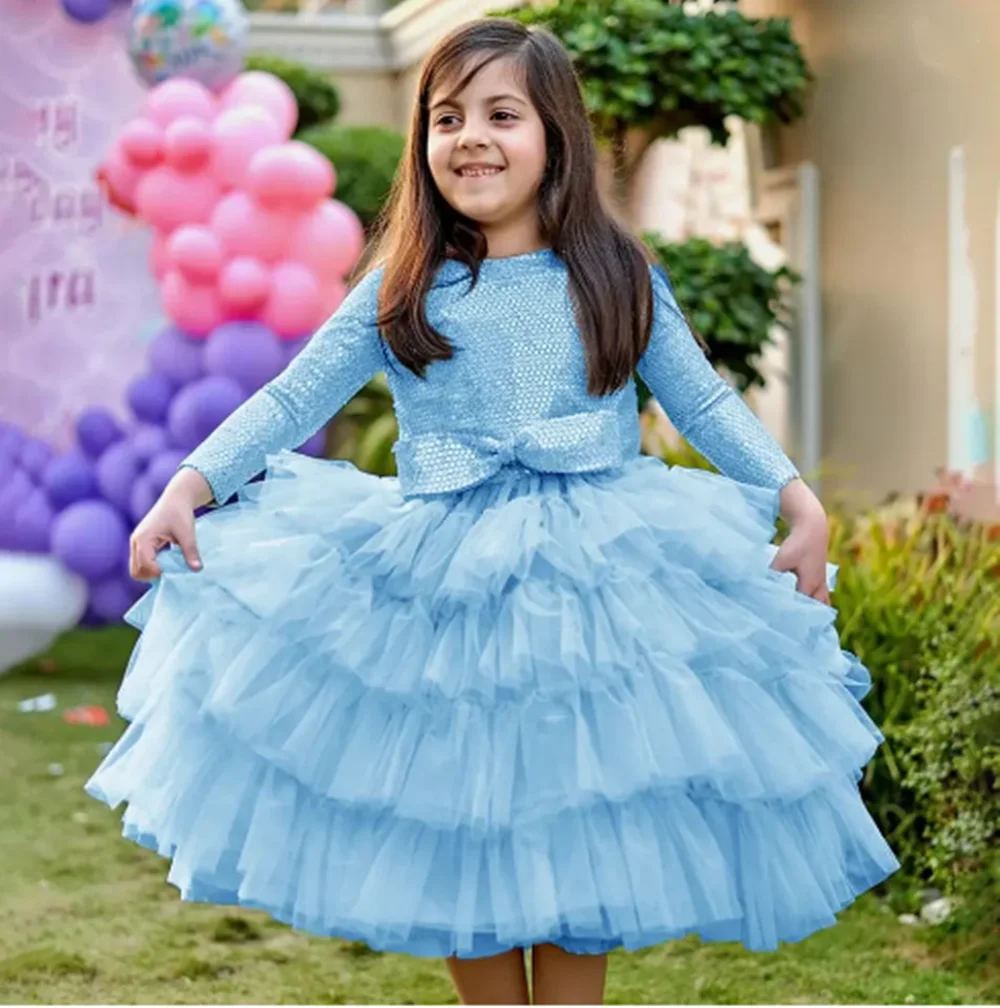 

Luxury Shiny O Neck Full Sleeve Bow A Line Pleat Wedding Party Flower Girl Dress Knee Length Formal First Communion Gown New