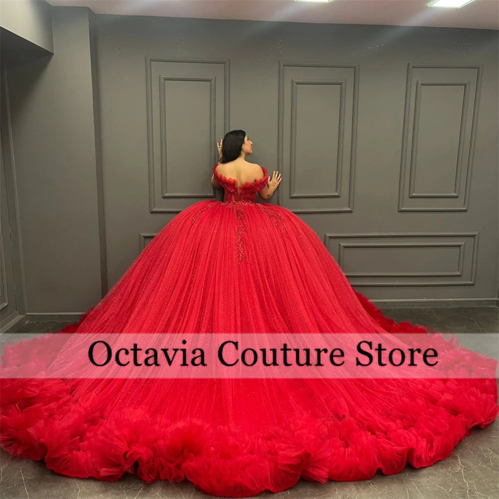 Mexico Red Off The Shoulder Quinceanera Dress Ball Gown Bead Appliques 2024 Birthday Luxury Dress Ruffles Princess Gown Sweet 16