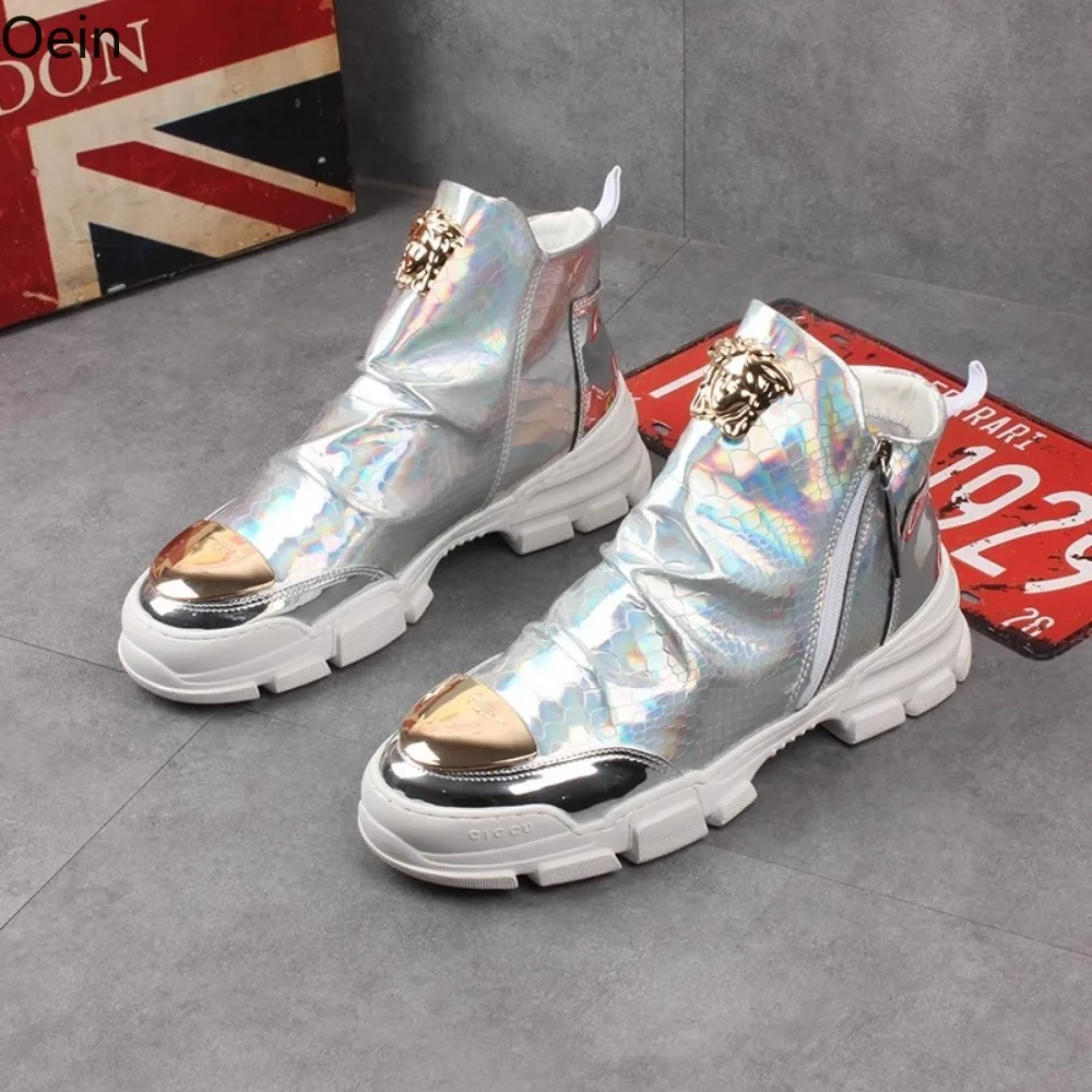 Mens Round Toe Rainbow Colors Flats Sneakers Ankle Boots High Top Glitter Shoes Punk Blue Sliver Boys New 2024