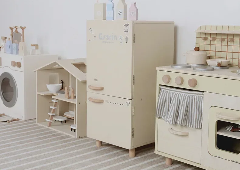 Holzhaus Küche Kinderspielzeug Waschmaschine Kühlschrank Küchenutensilien Kochgeschirr Set Mädchen Baby Geschenke