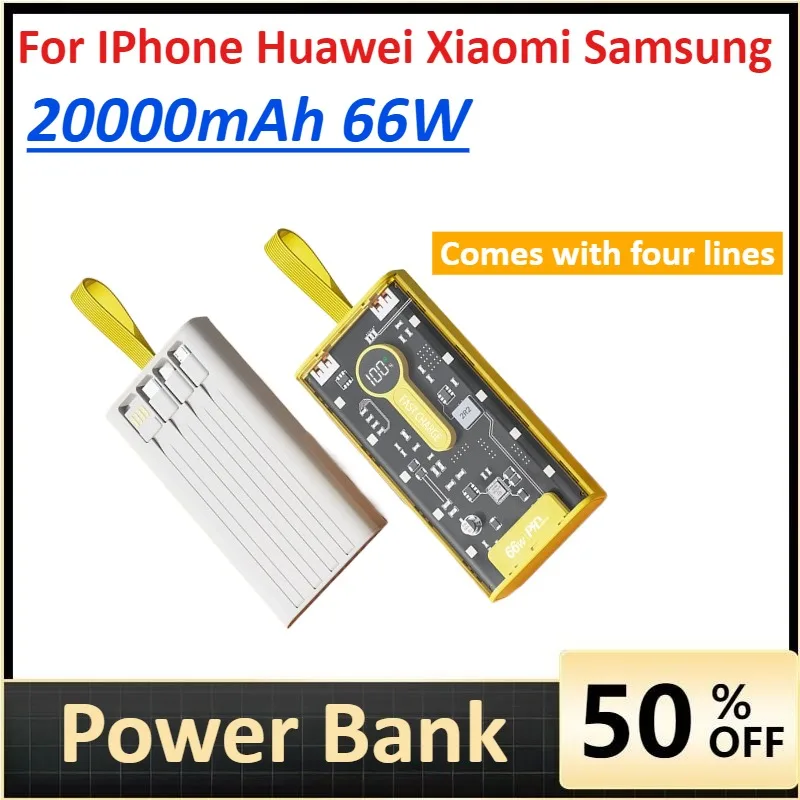 

20000mAh Power Bank 66W Fast Charging for IPhone Huawei Xiaomi Samsung Built in Cable Portable Digital Display Charger