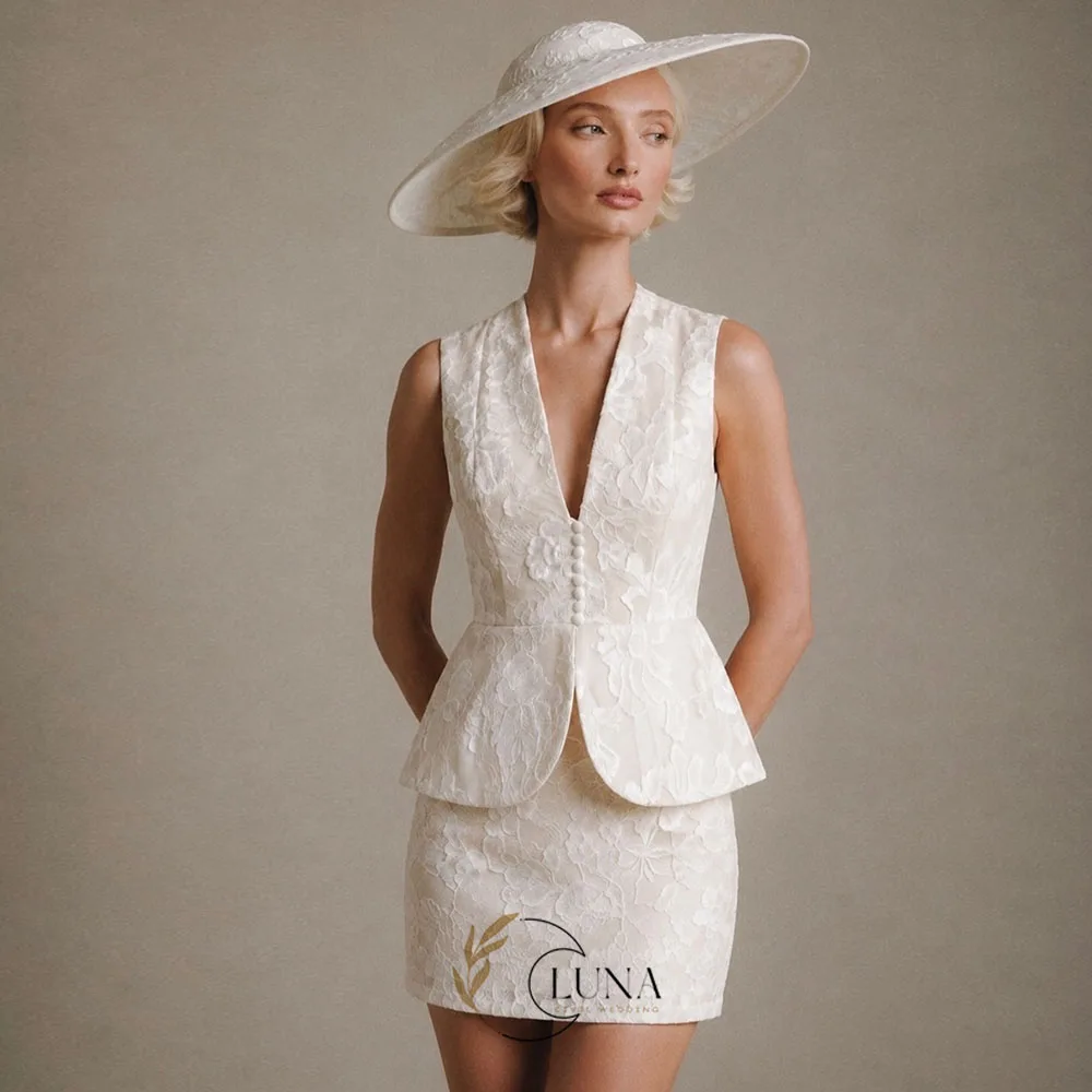 Luna Modern Sleeveless Deep V Neck Lace Two Piece Mini Wedding Dress Peplum Waist Button Bridal Gown vestido de novia Customized
