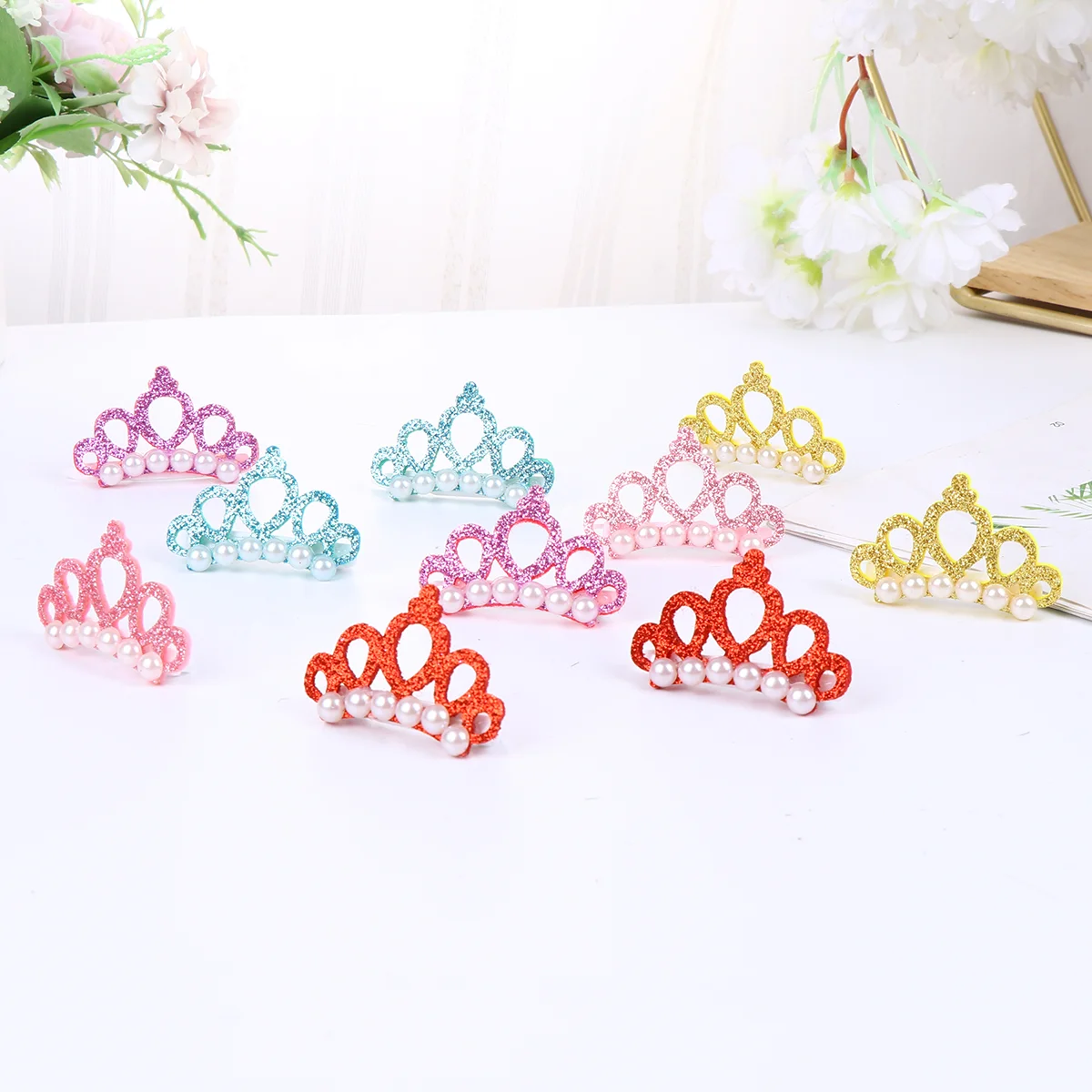 10 Pcs Pet Hair Clips Pearl Crown Shaped Pet Headdress Hair Party Hair Accessories (2Pcs Yellow, 2Pcs Lake Blue, 2Pcs , 2