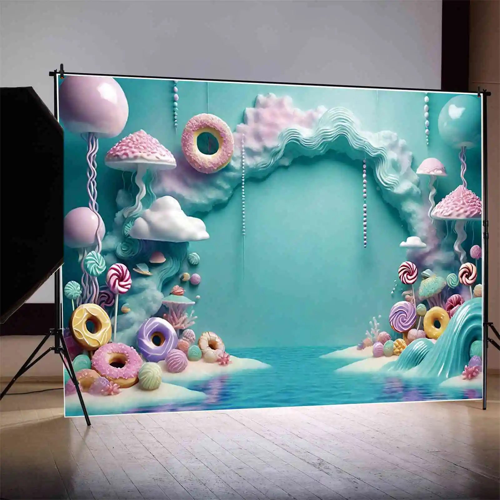 MOON.QG خلفية لحفلة عيد ميلاد الطفل ، الدعائم للتصوير الفوتوغرافي الفوتوزون ، المحيط تحت البحر ، خلفية الدونات ، لافتة زرقاء ، الصيف
