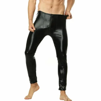 Sexy Mann Schwarz Wet Look PU Leder Hosen Slim Pouch Zip Enge Leggings Club Party Tragen Hosen Hosen Für Männer Kleidung