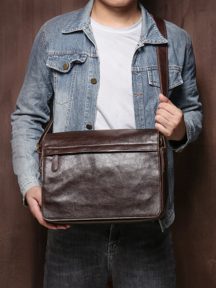 

Leather Briefcase Men's Classic Flip Shoulder Bag Large Capacity Vegetable Tanning Leather Crossbody Messenger Bag
