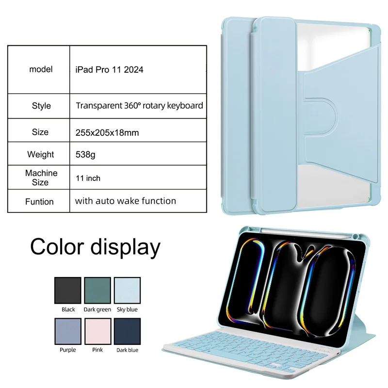 for iPad Pro 11 (2024) Bluetooth Keyboard 360 Rotate Leather Foldable Stand Shell with Wake/Sleep Function Cover case