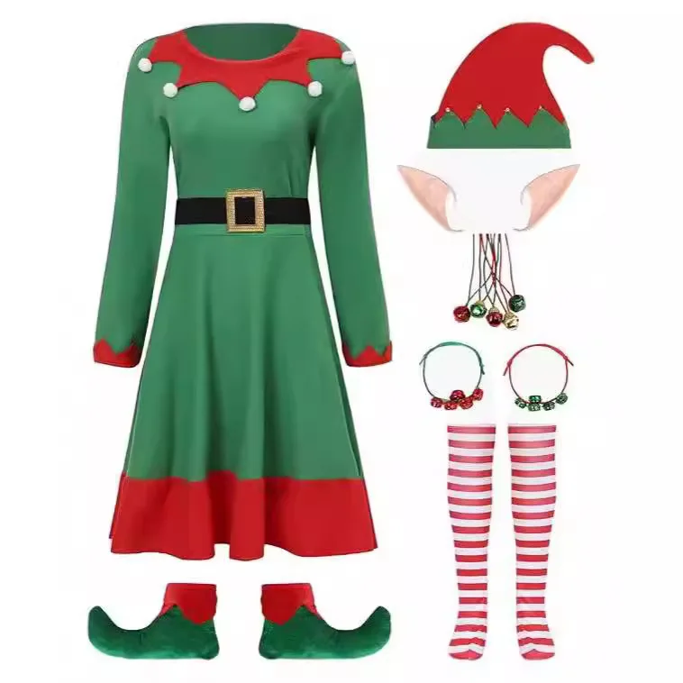 Ladies Cute Christmas Elf Dress Up Costume Women Festive Elf Themed Outfit for Xmas Party Role Play