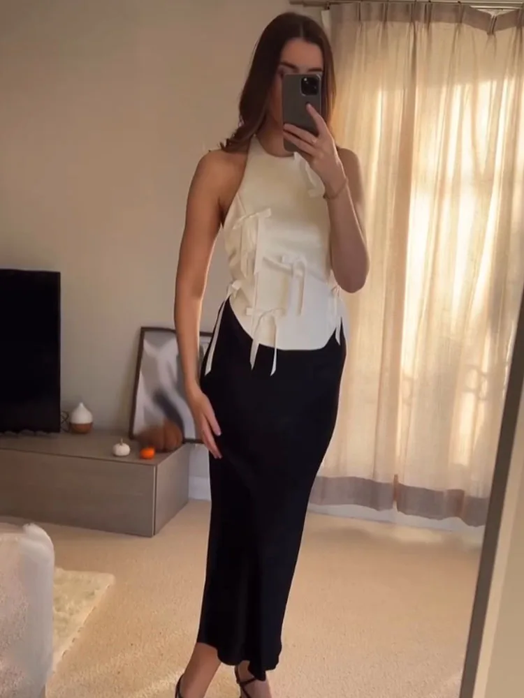 

HH Female Fashion Solid Slim High Street Top Women Summer Chic Bow Decorated Halter Neck Top Sexy Sleeveless Backless Short Top