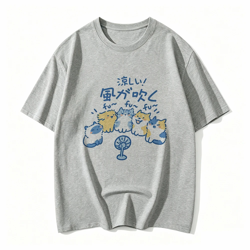 2027 New Women T-shirts Street Creative Blow Fan Cat Printing Tees Summer O-Neck Loose Tops Fashion Casual Female Clothes