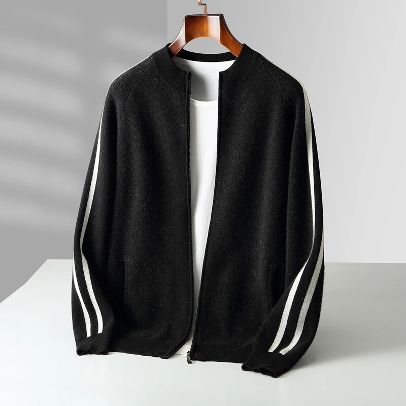 Winter Cashmere Sweater Men's Round Neck Knitted Jacket Contrast Striped Zipper Cardigan Youth Wool Thick Sweater