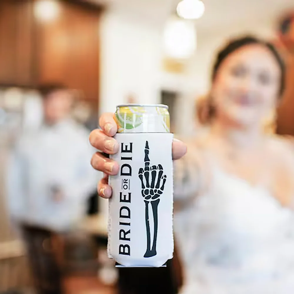 Bride or Die Goth Bachelorette Slim Can Cooler Bachelorette Gift Party Favor Skeleton Design Stubby Holder Party Supplies Favor