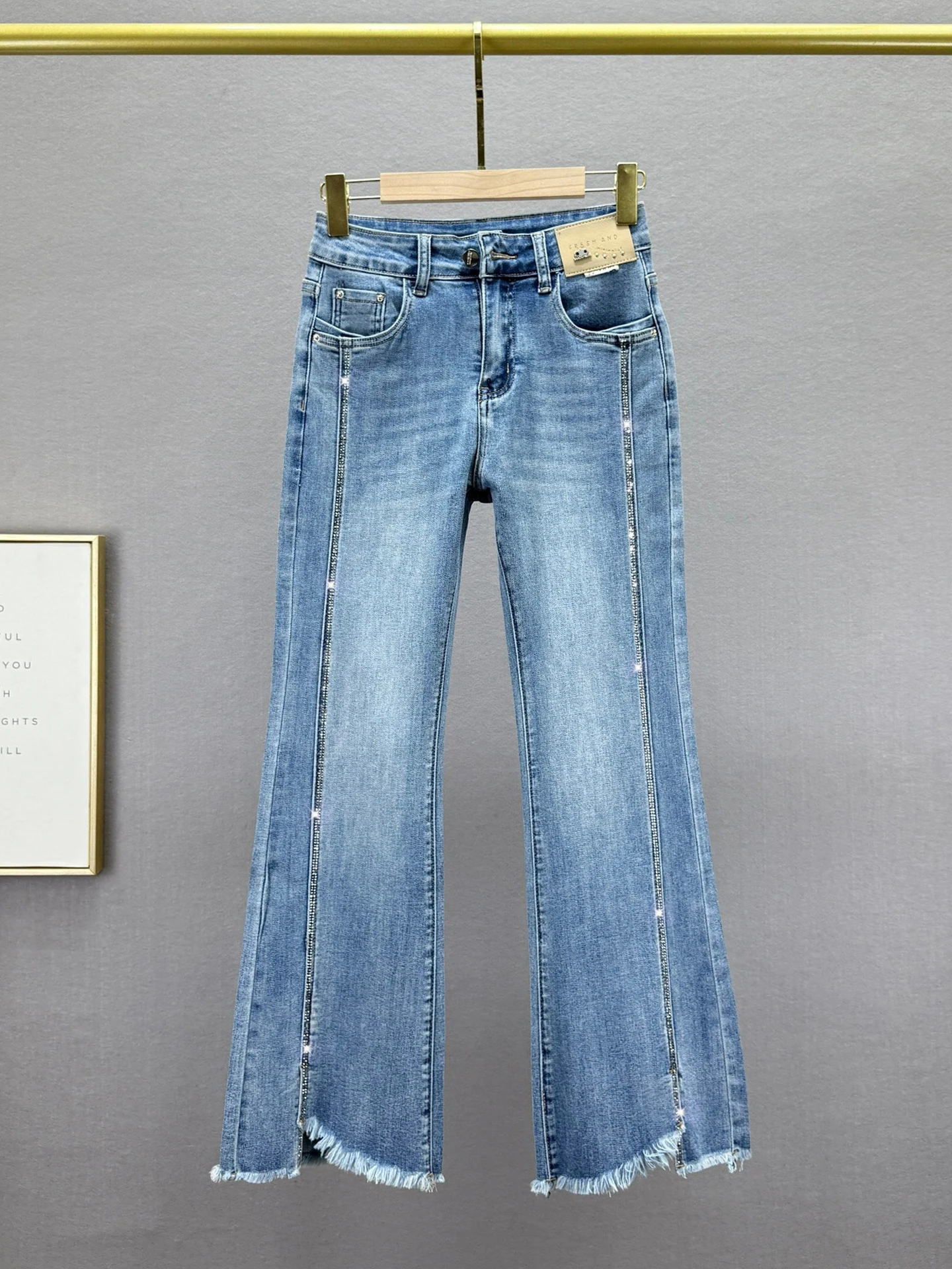 

Retro High Waist Bell Bot Jeans Women's Elastic Slimming Skinny Jeans Rhinestone Embellied Comfortable Soft Cotton Denim