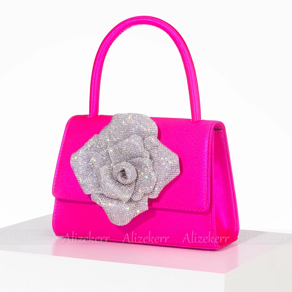 Splendidi borse con strass rosa per le donne Boutique di design di lusso con pochette in raso di cristallo bling Festa di nozze di alta qualità