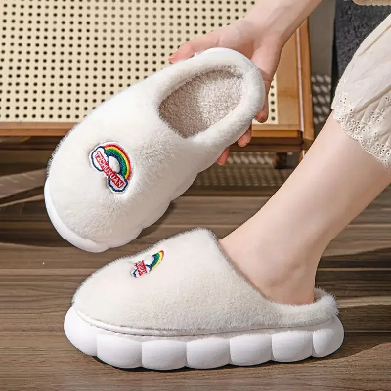 Casual Fluffy Slippers Women House Flats Winter Rainbow Designer Shoes Ladies Home Plush Warm Platform Elegant Footwear Big Size