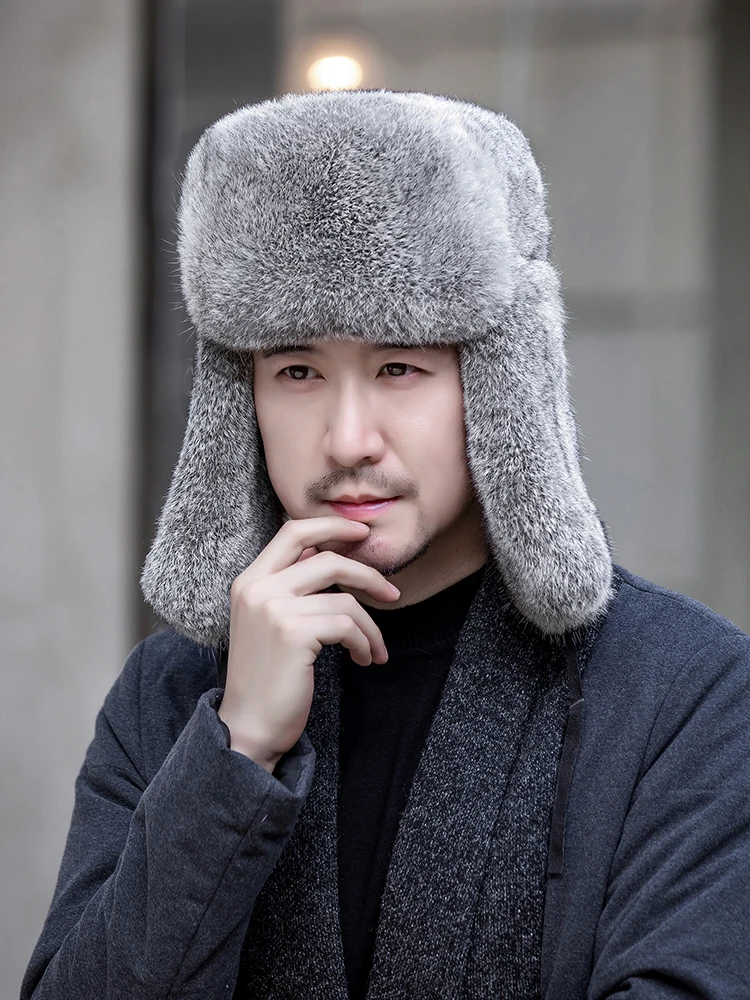 New Casual Men's Natural Rabbit Hair Cap For Lei Feng Hat Northeast Fur Hat Ln Winter Warm Outdoor Thickened Ear Cap Winter Hat