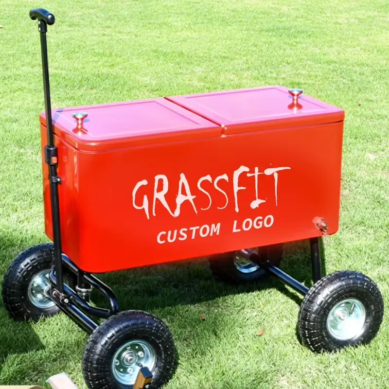 80L Trolley Rolling Retro Style Heavy Metal Wagon Beach Cart Rolling Patio Cooler Cart Ice Chest Cooler Cart