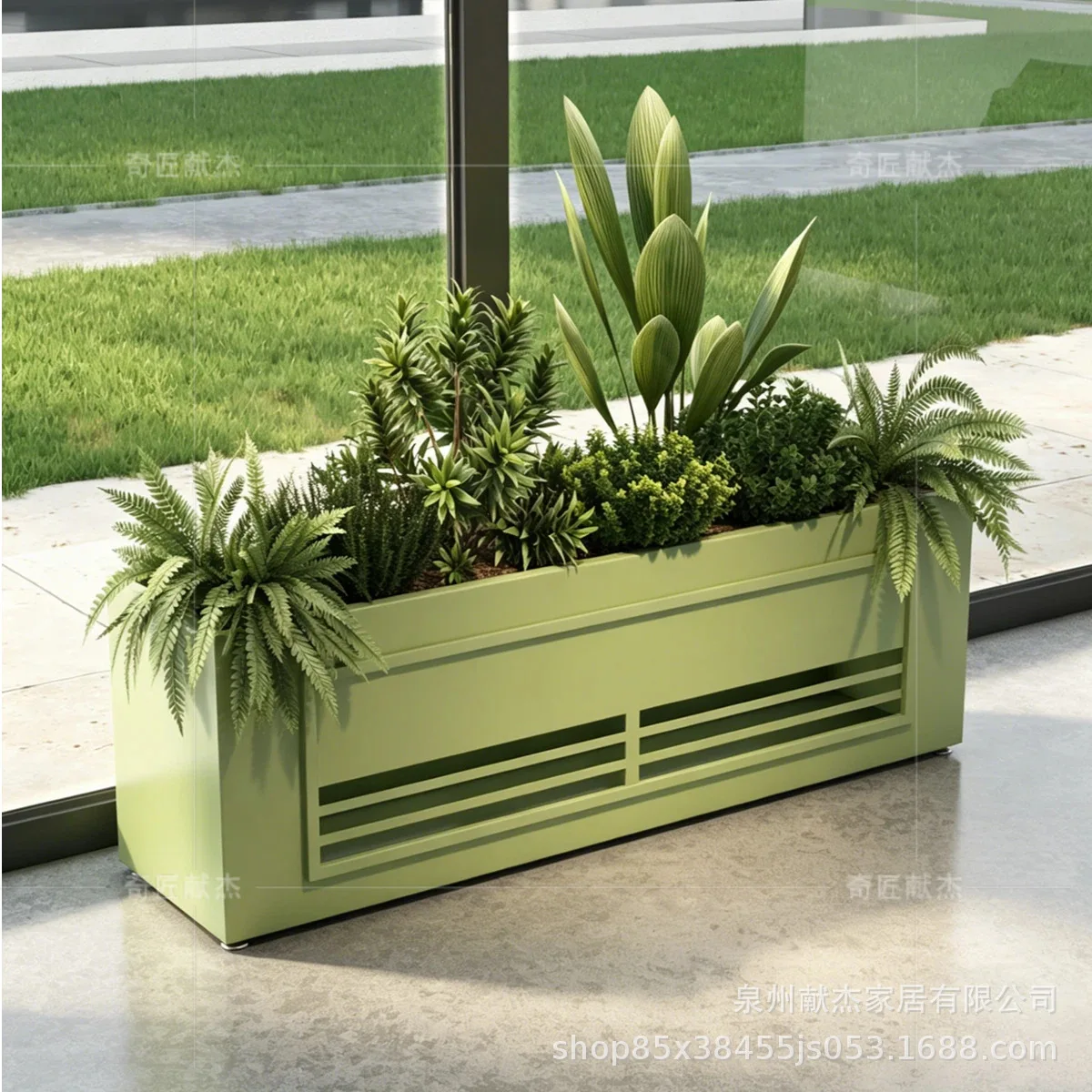 Matcha-grüner hohler schmiedeeiserner Blumenkasten für den Außenbereich, Trennwand für Milchtee-Läden, Blumenhalter für die Geschäftsstraße, beweglich