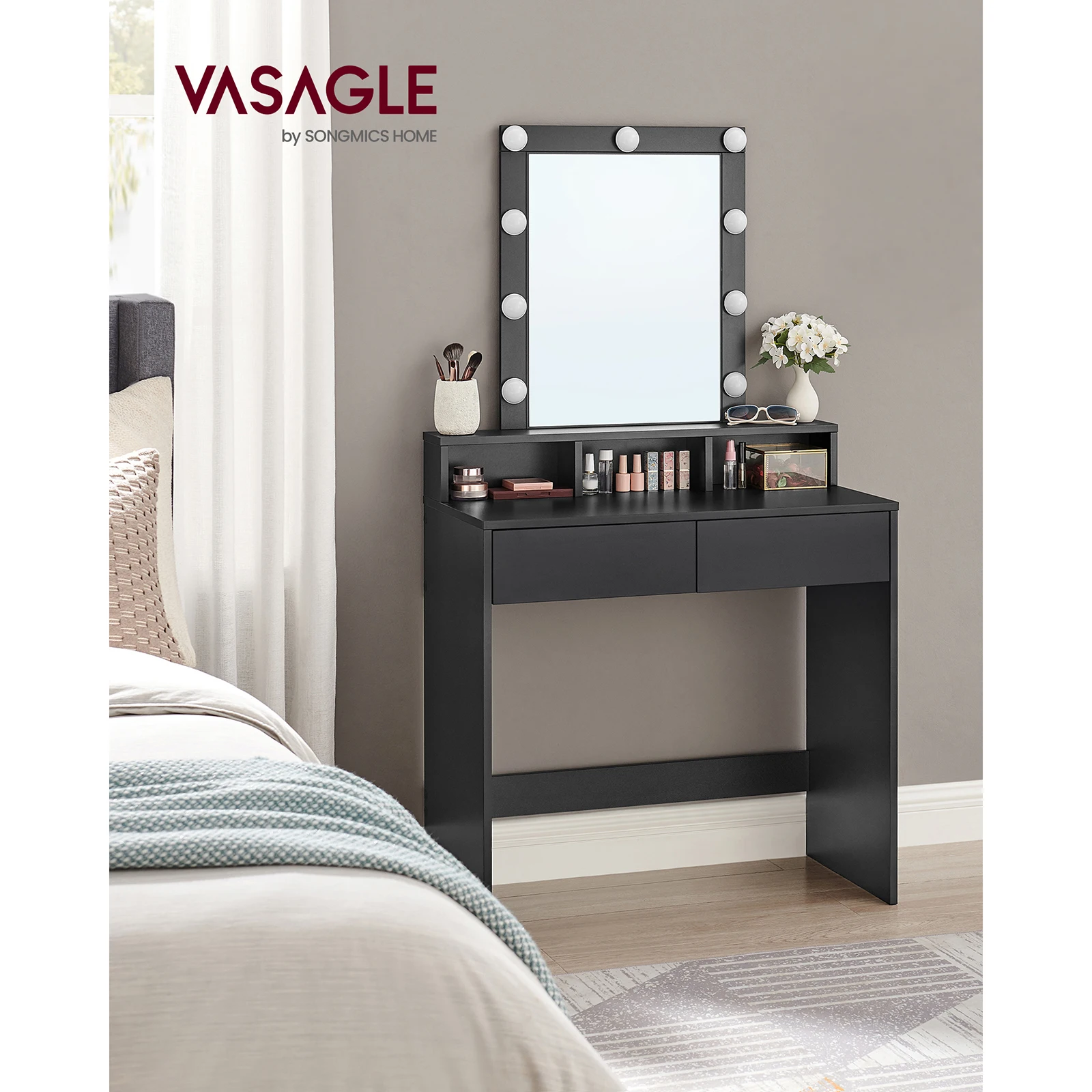 VASAGLE-Tocador Moderno Negro con Luces LED de Brillo Ajustable, Mesa de Maquillaje con Espejo, 2 Cajones y 3 Compartimentos
