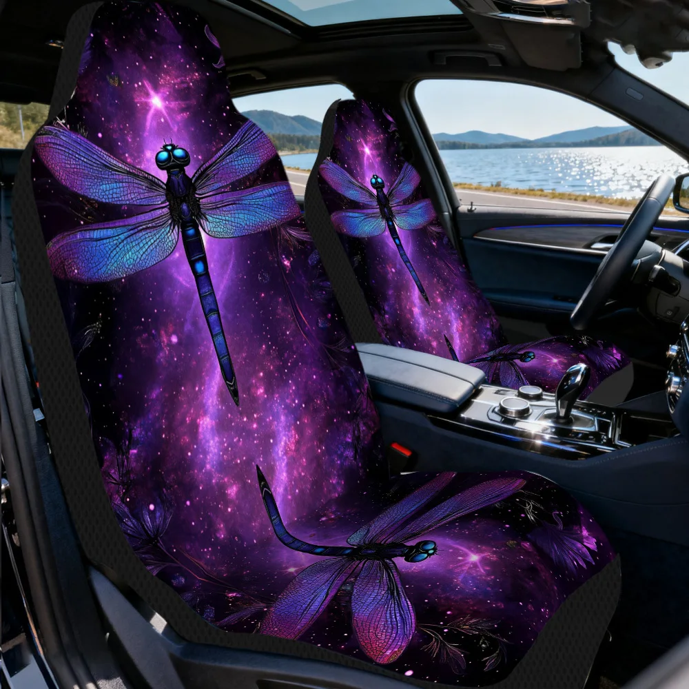 2pcs Car Seat Covers Set, Dragonflies In Purple Galaxy Print, Trendy Vehicle Seat Covers. Fits Weekend Hiking Trips & Daily Mar