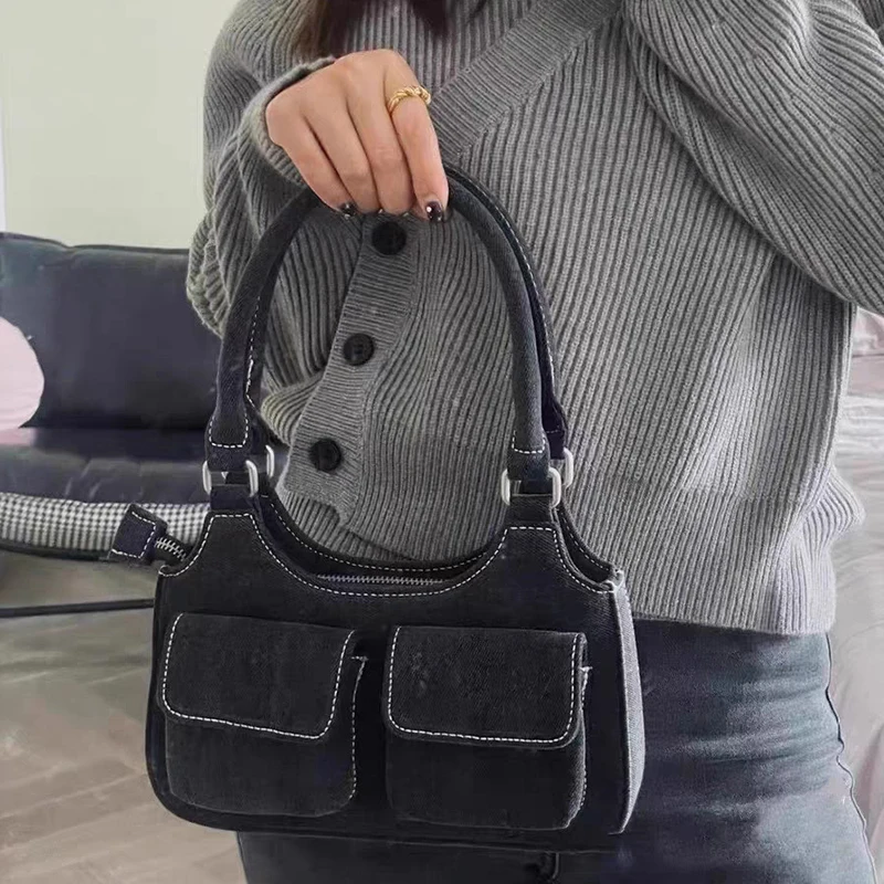 Vintage Double Pocket Denim Handbag Lady Casual High Quality Y2k Shoulder Bag Woman Fashionable Zipper Women Underarm Bag Purse