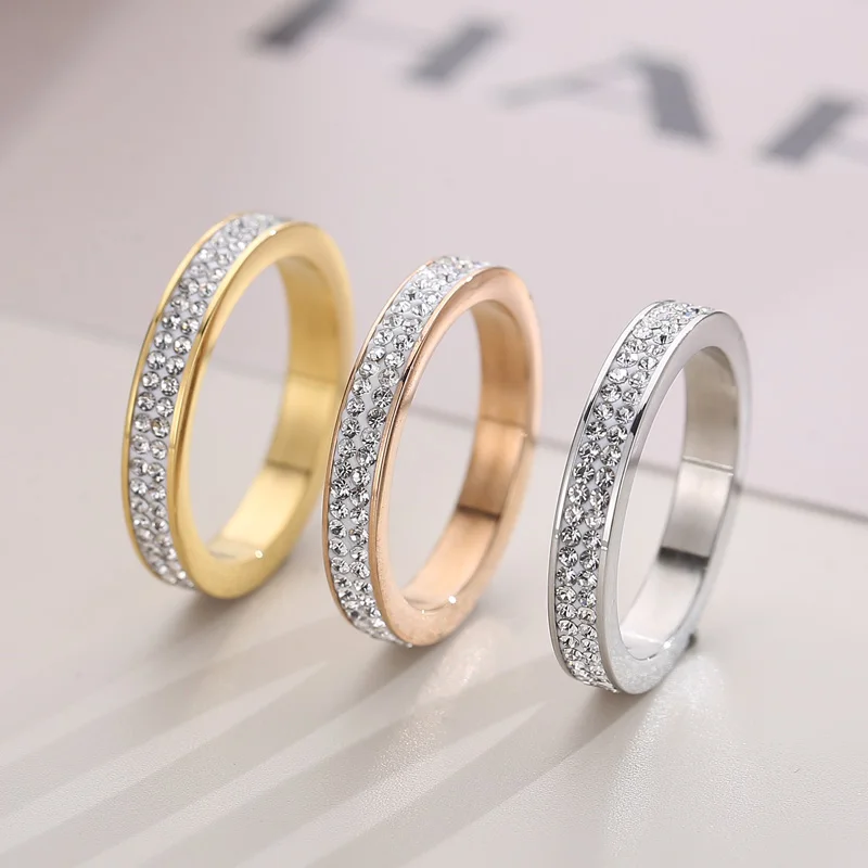 Fashion Shiny Crystal Rhinestone Rings for Women Gold Silver Rose Gold Color Stainless Steel Rings Knuckle Wedding Jewelry Gifts