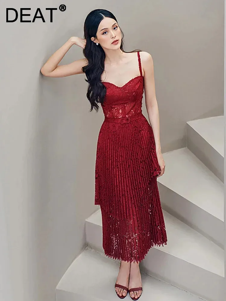 DEAT Elegant Dress Slip Embroidery Asymmetric Double Layer Lace Patchwork Belt Women's Party Dresses 2025 Spring New 13DB3211