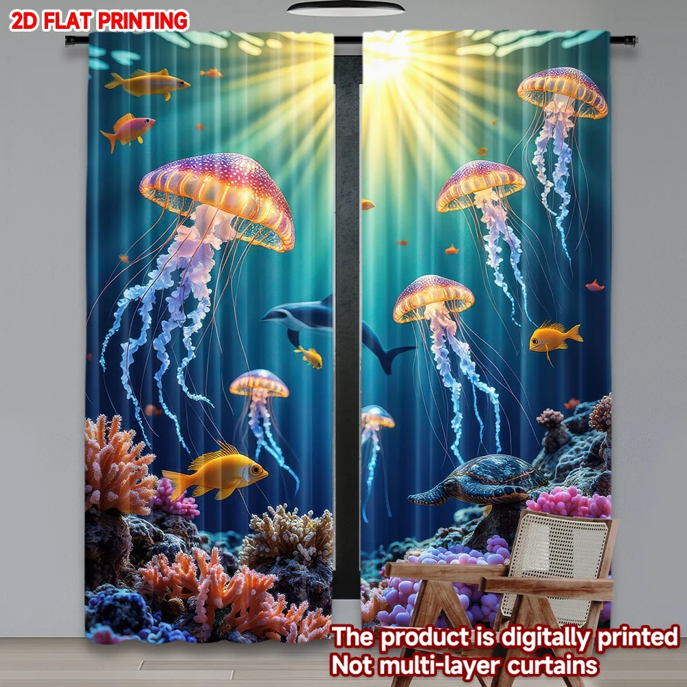 

2D flat printing 2pcs Drapes Underwater Jellyfish Scene Digital Printed Polyester Drapes Festive Curtains Use for Festive and