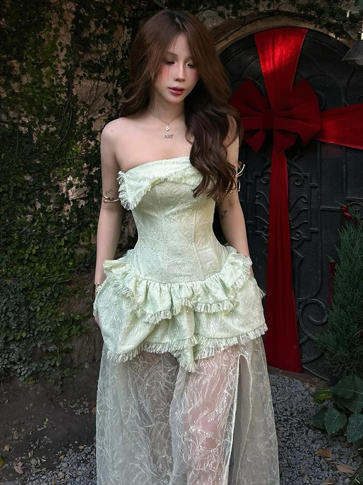 Estranho gato chique y2k vestido feminino verão sem alças irregular em camadas plissado retalhos divisão jacquard sexy magro aniversário bodycon