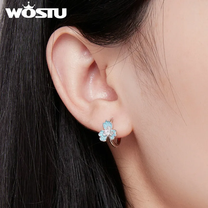 WOSTU 925 Sterling Silver Blue Iris Flower Hoop Earrings For Women Wedding Party Jewelry Gift Shiny Zircon Drop Ear Clips E843