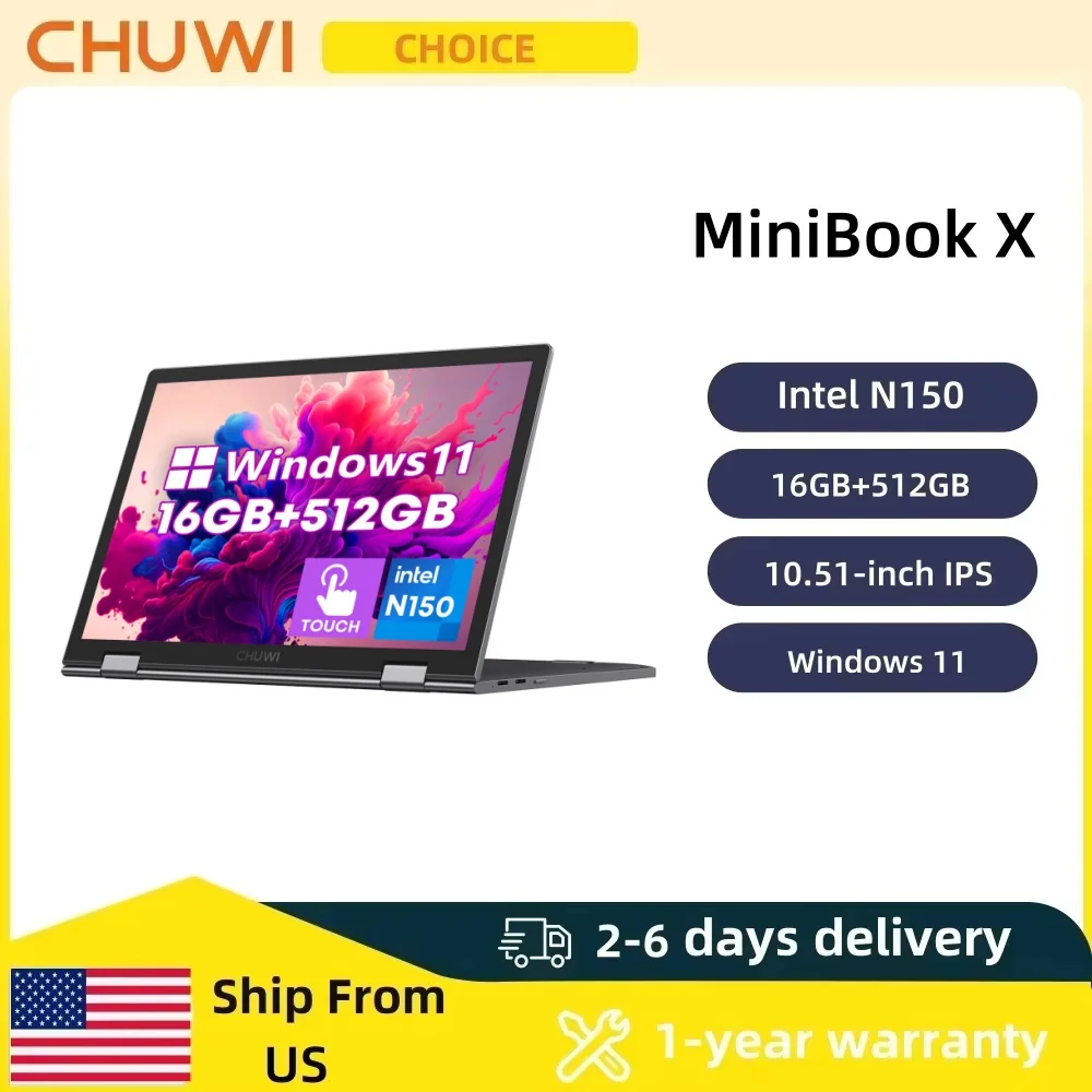 CHUWI MiniBook X 2-in-1 Laptop Intel N150(up to 3.6GHz) 512GB ROM 16GB LPDDR5 10.51" 2K FHD IPS Windows 11 Touch Screen Laptop